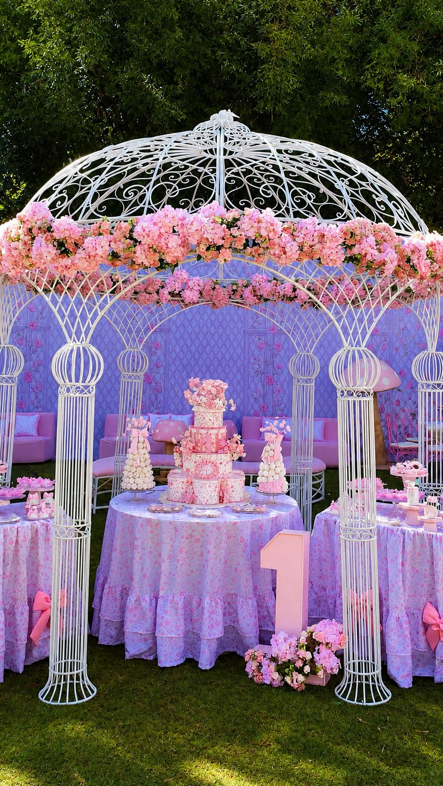Cenário ao ar livre com caramanchão e flores cor-de-rosa