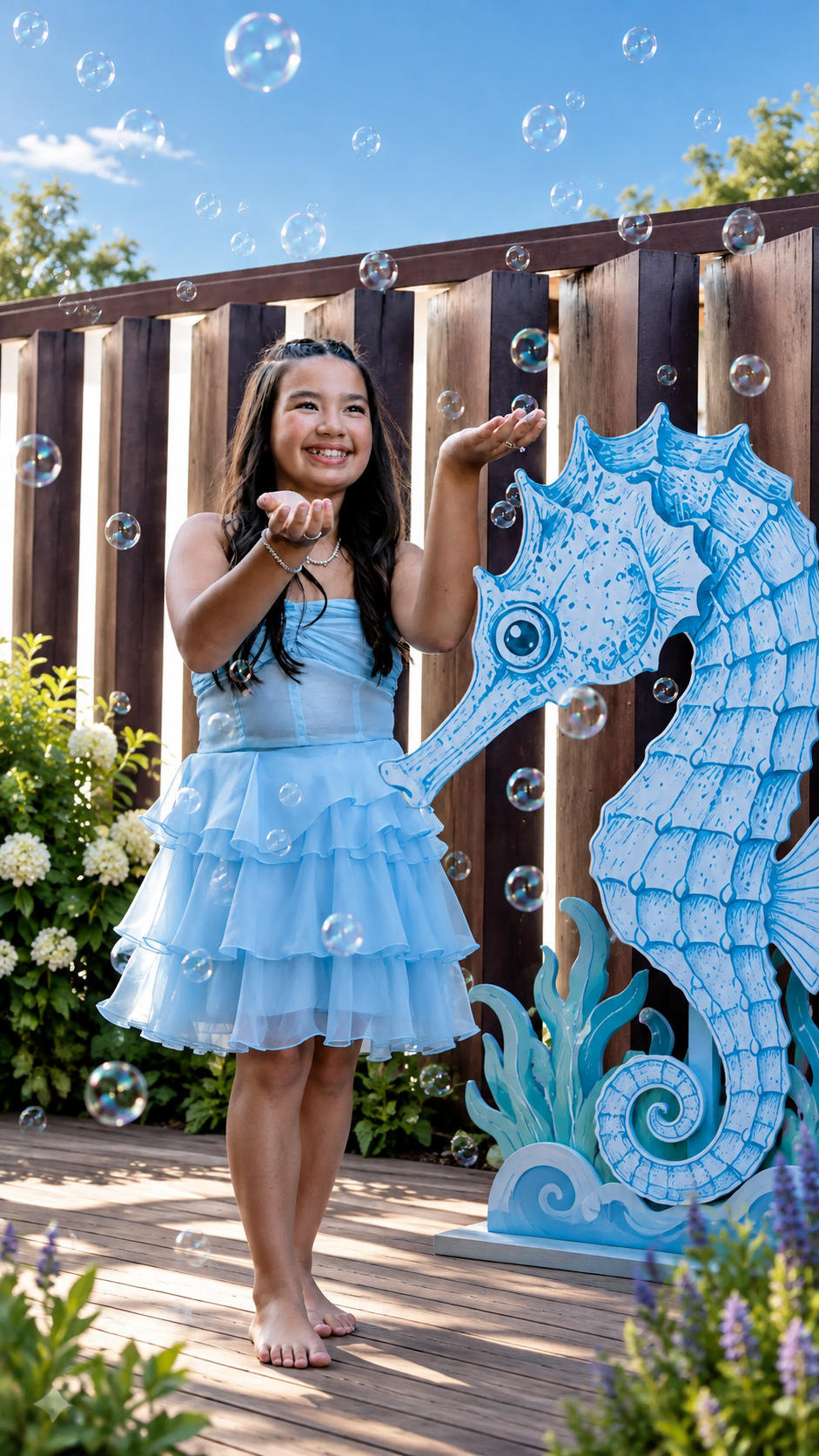 Menina sorrindo em uma festa com bolhas de sabão