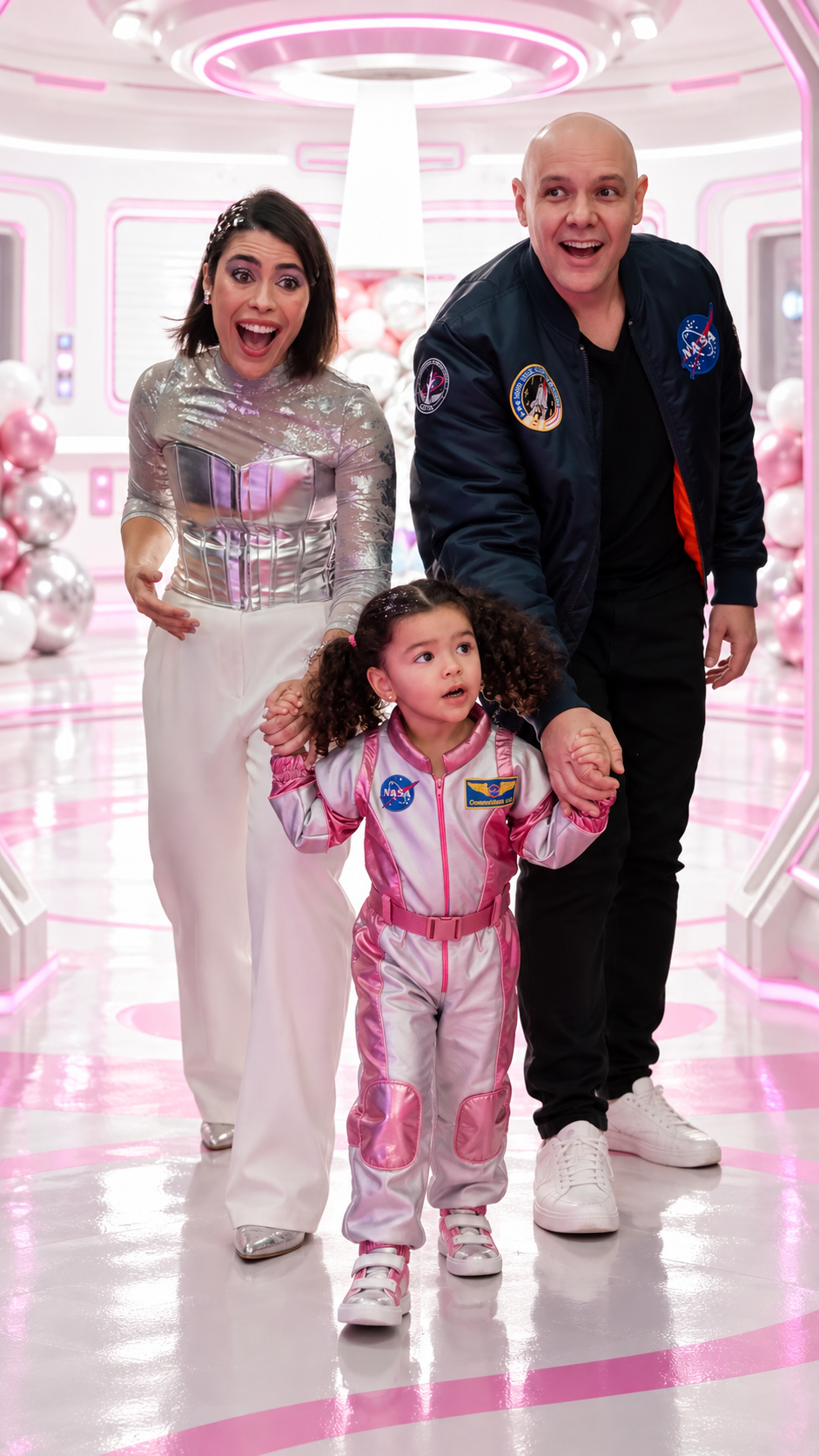 Família celebrando uma festa com tema espacial