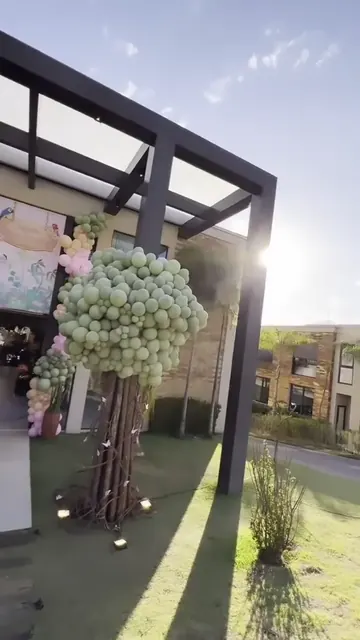 Decoração ao ar livre com árvore de balões em tons suaves